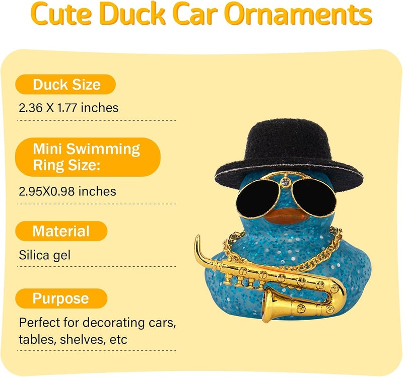 wonuu Car Dashboard Ducks, Saxophone Decor Rubber Duck Car Ornaments with Mini Top Hat Necklace Sunglasses (Light Blue) - Image 2